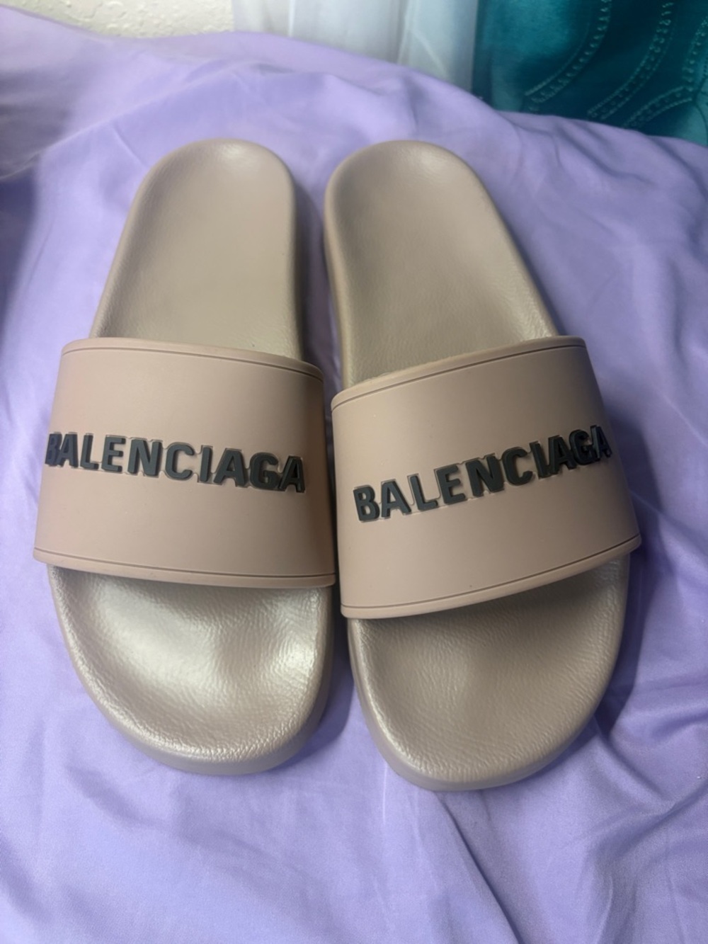 Balenciaga Slide Sandals in Taupe with Black Logo